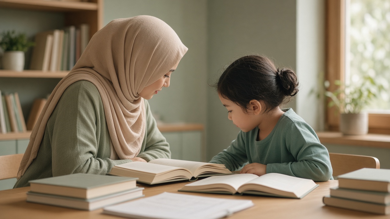 A parent and child learning together at home