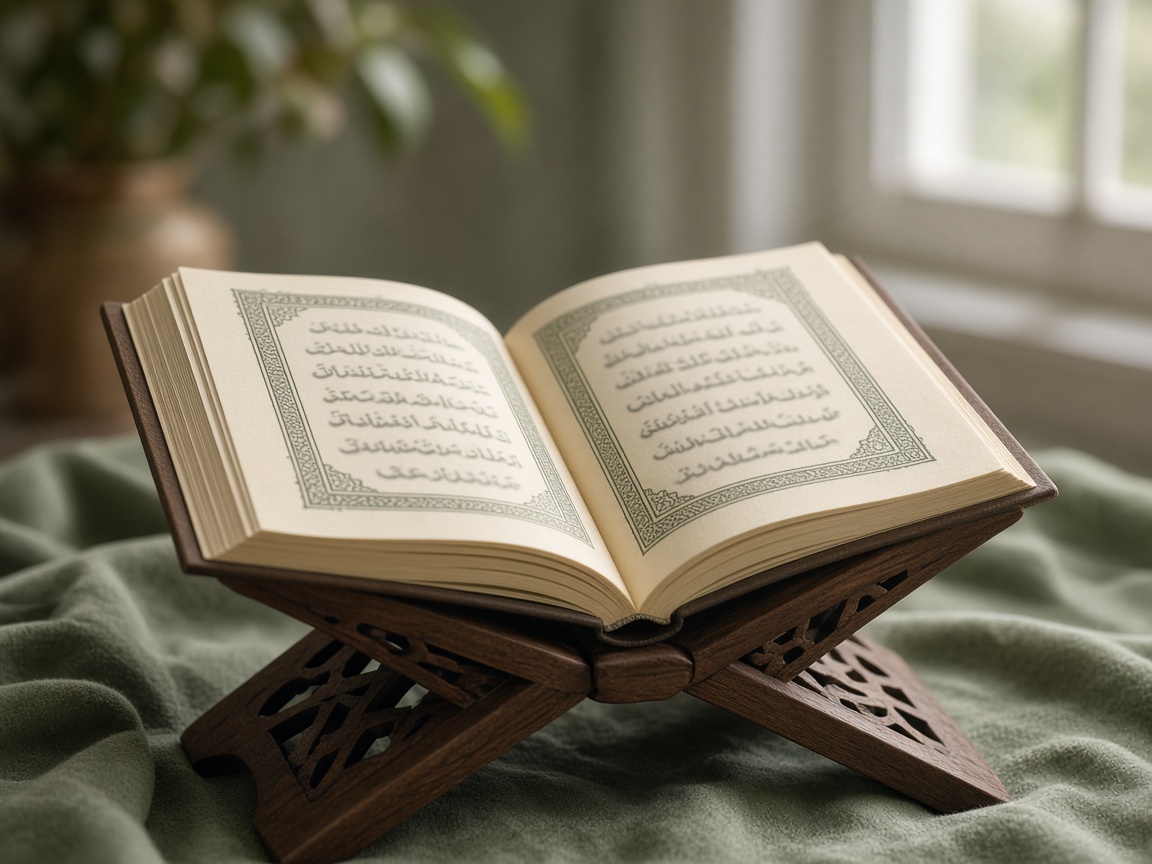 Open Quran on a wooden stand in soft natural light