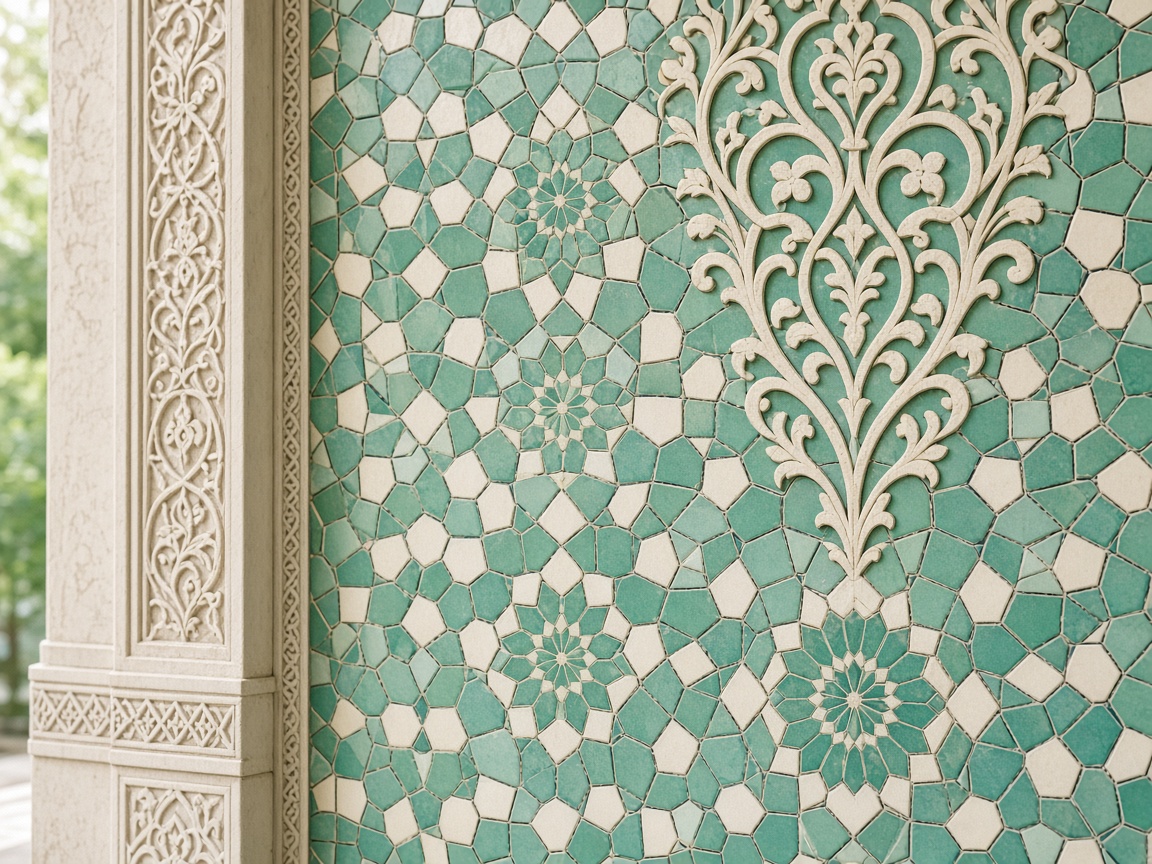 Islamic geometric tile patterns in soft jade and ivory